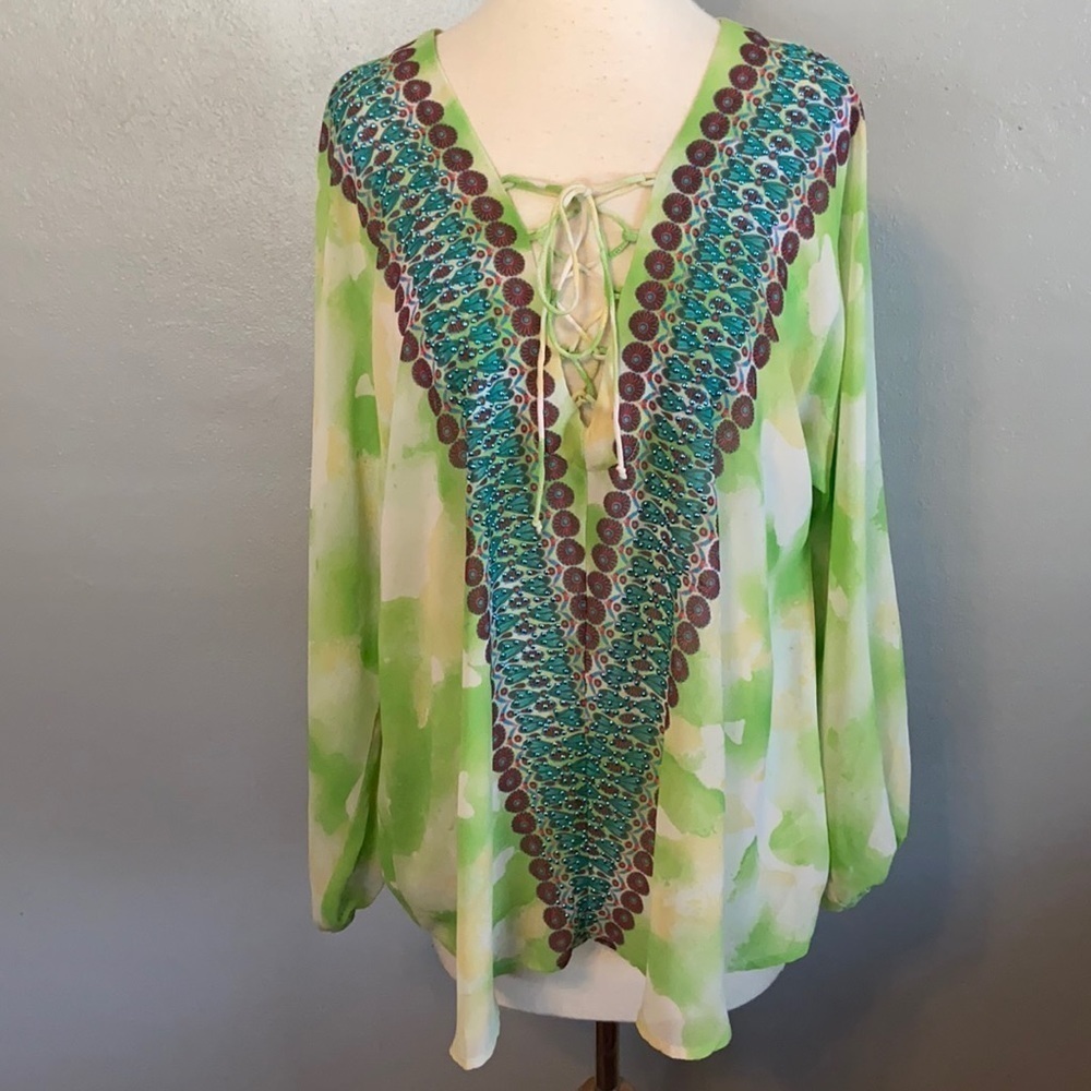 Marc Bouwer Long Sleeve Top Lace Up V Neck Sequins Tie Dye Green Blue M